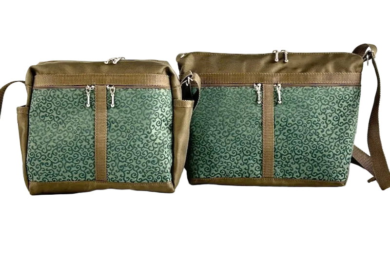 Crossbody Organizer Purses in lightweight khaki tan ballistic nylon with tapestry accent pockets