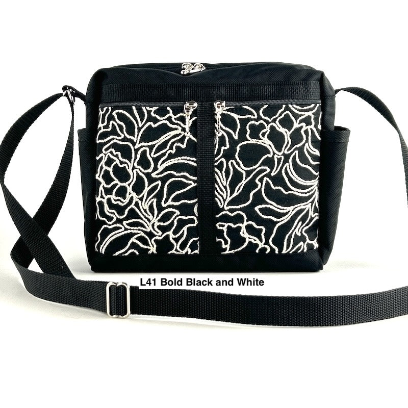 106 Black Medium Messenger Bag Purse in Nylon with Fabric Accent Pockets