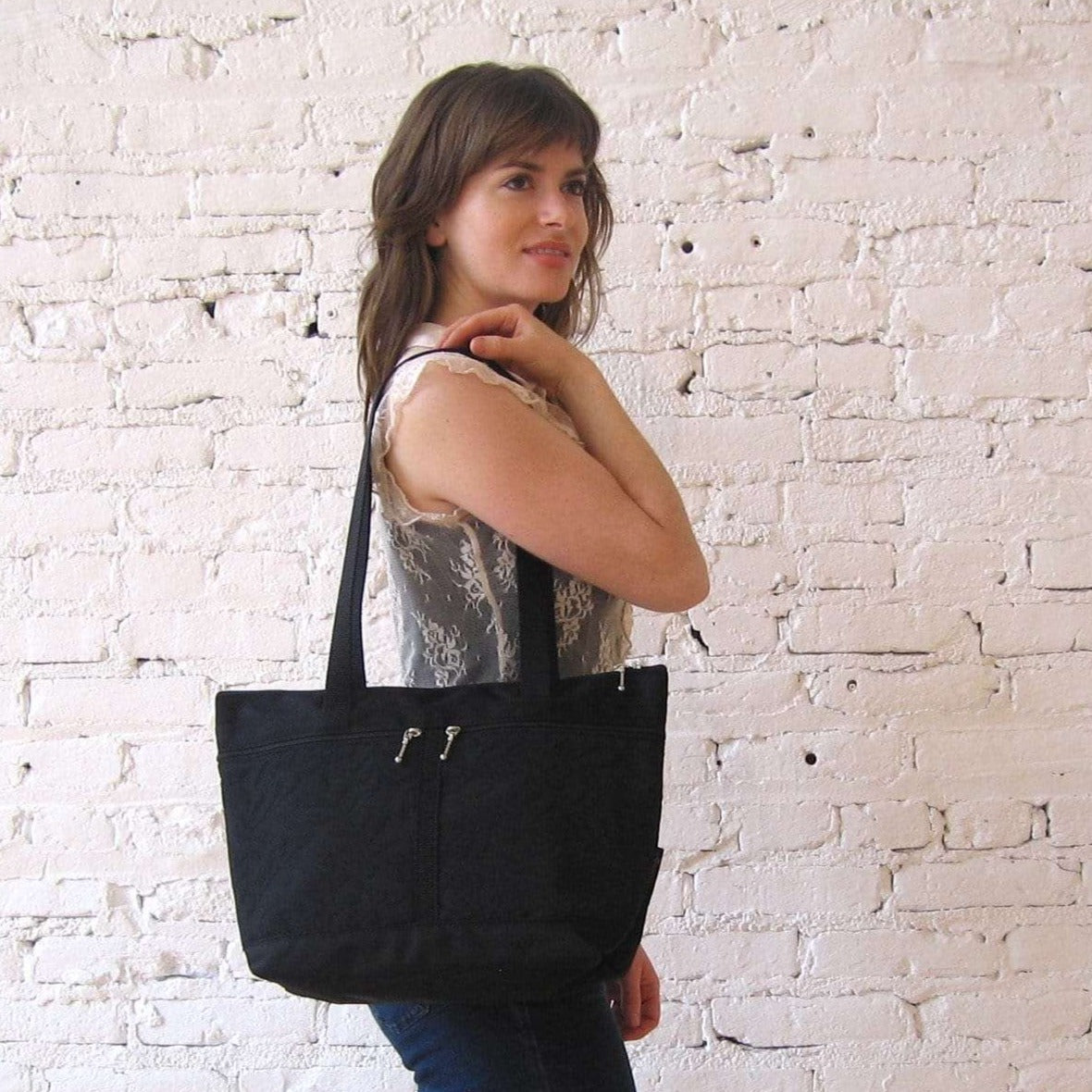 223 French Satchel Tote in Black nylon with accent pockets
