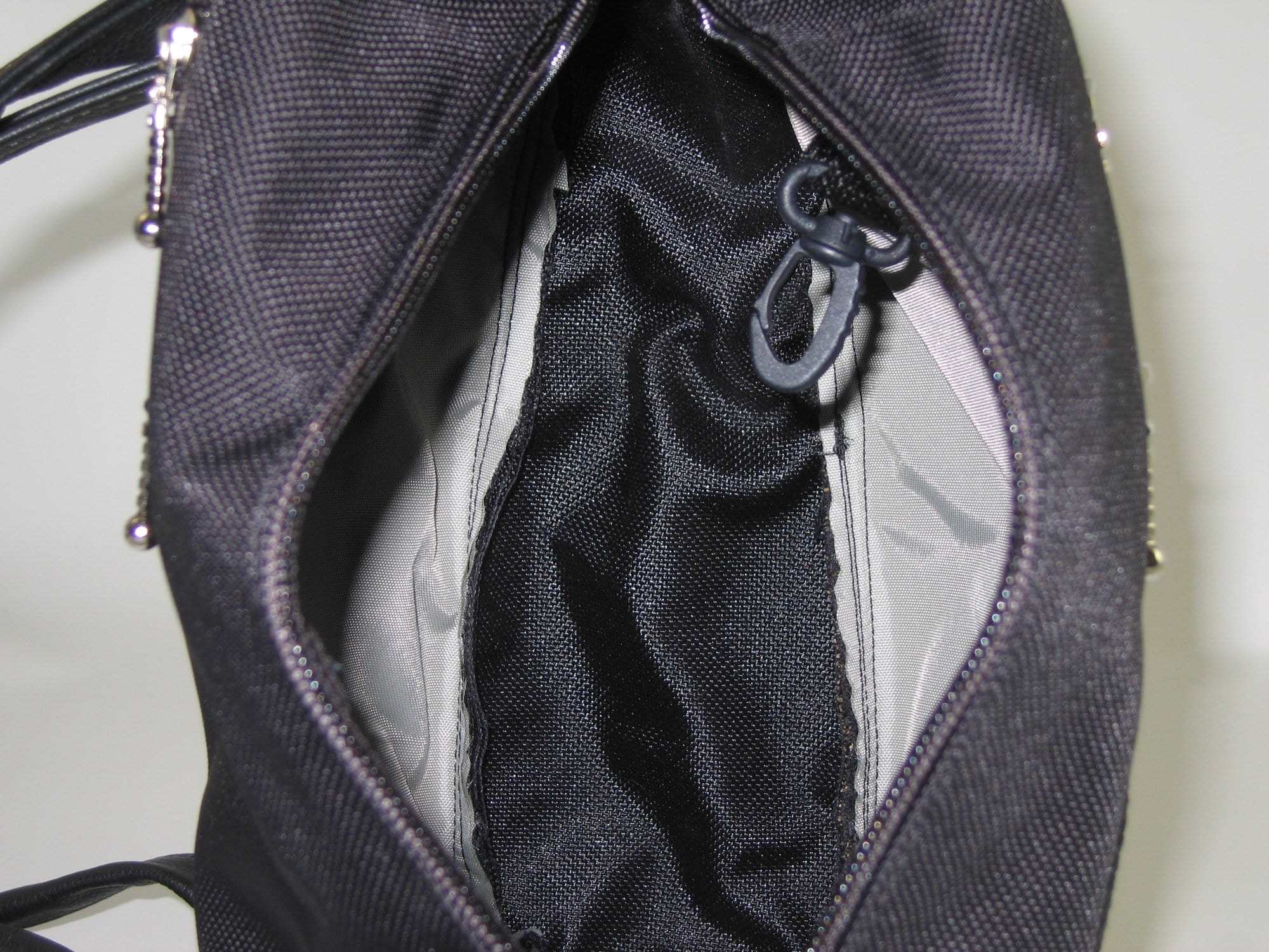 B967-NV SMALL Side Entry Backpack in Navy Nylon with Fabric Accent Pocket