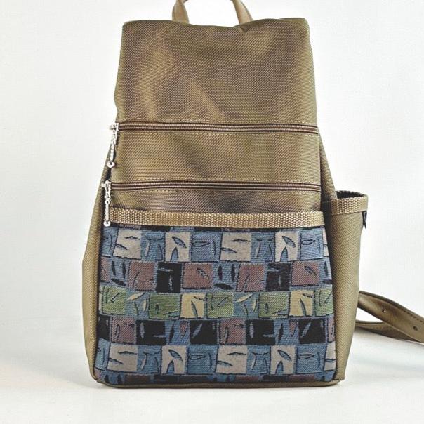 B969-KH Large Side Entry Backpack in Khaki Nylon with Fabric Accent pocket