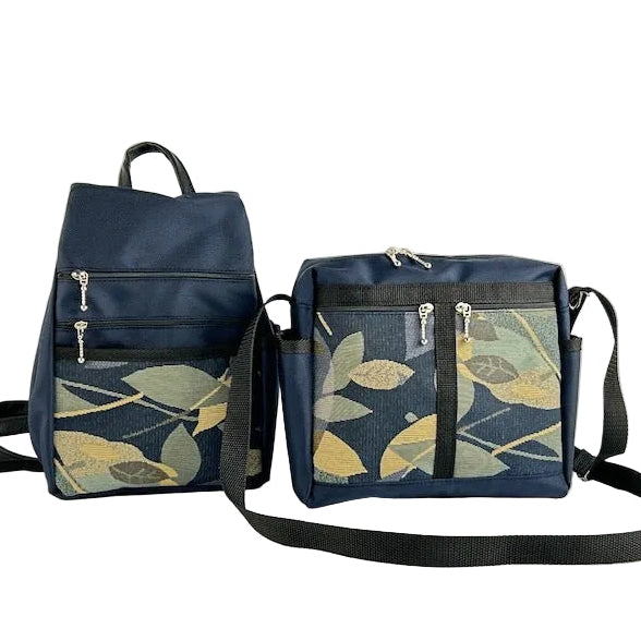 Navy backpack purse and crossbody purse with leaf inspired fabric accent pockets