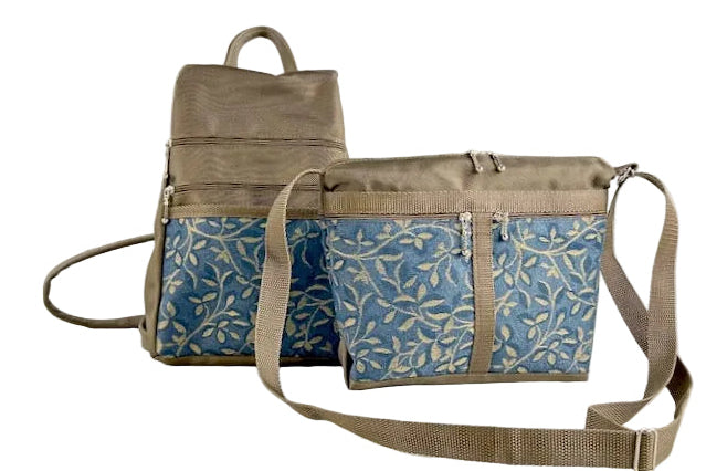 Lightweight Backpack Purse and Crossbody Purse in khaki tan ballistic nylon with tapestry accent pockets