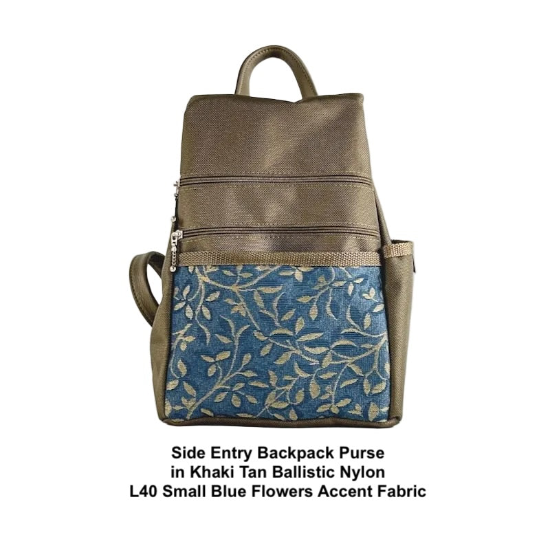 B967-KH Small Side Entry Backpack in Khaki nylon with Fabric Accent Pocket