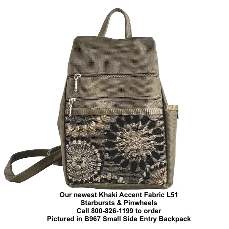 B967-KH Small Side Entry Backpack in Khaki nylon with Fabric Accent Pocket