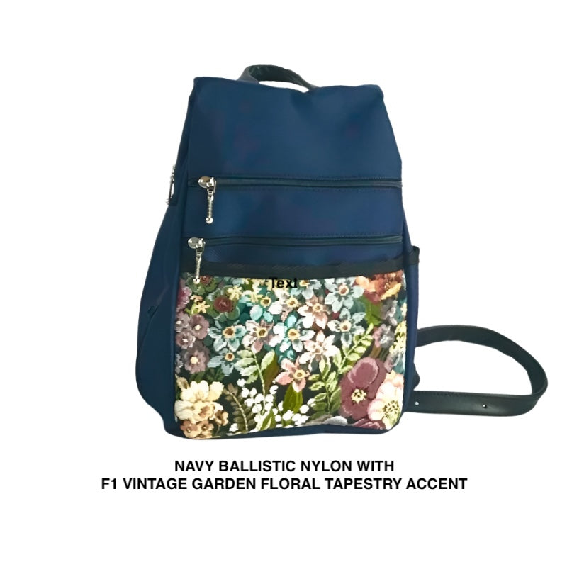 Navy Side Entry Backpack Purses - Water-Resistant Navy Ballistic Nylon-4 Sizes with Fabric Accent Pockets