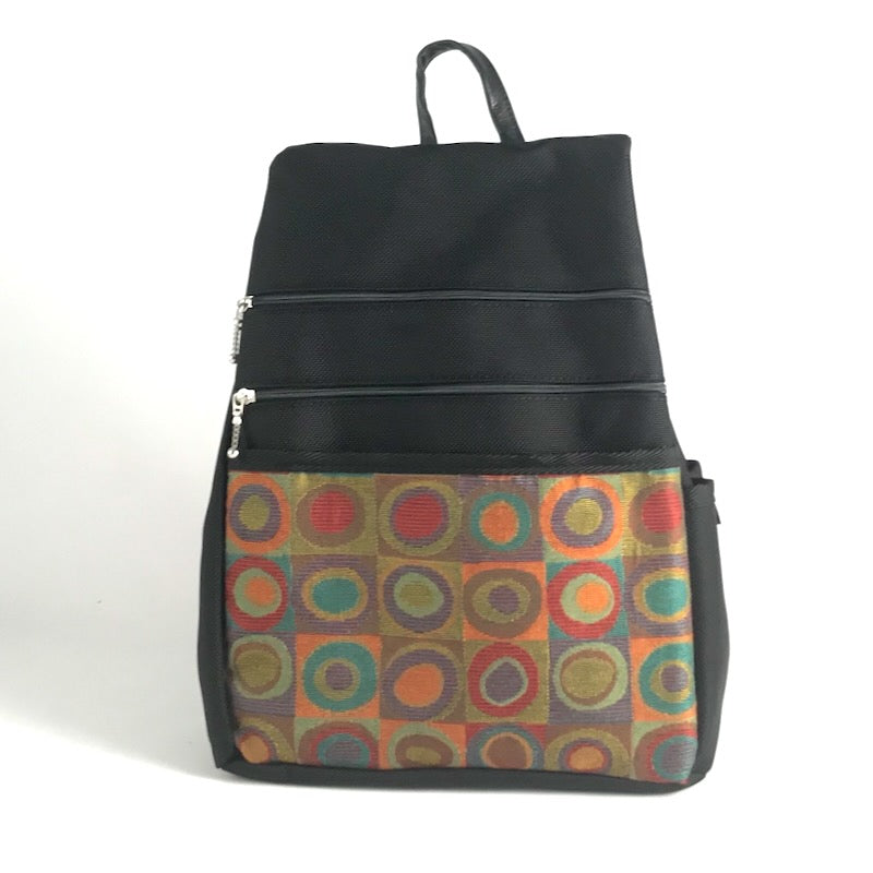 B968-BL Medium Side Entry Backpack in Black Nylon with Fabric Accent Pocket