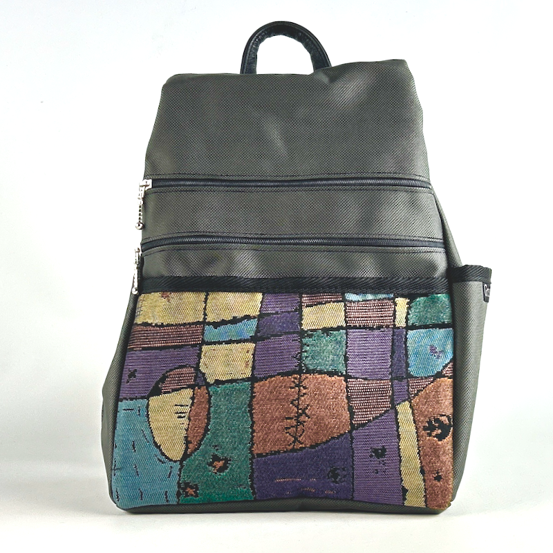 B968-GR Medium Side Entry Backpack in Gray Nylon with Fabric Accent Pocket