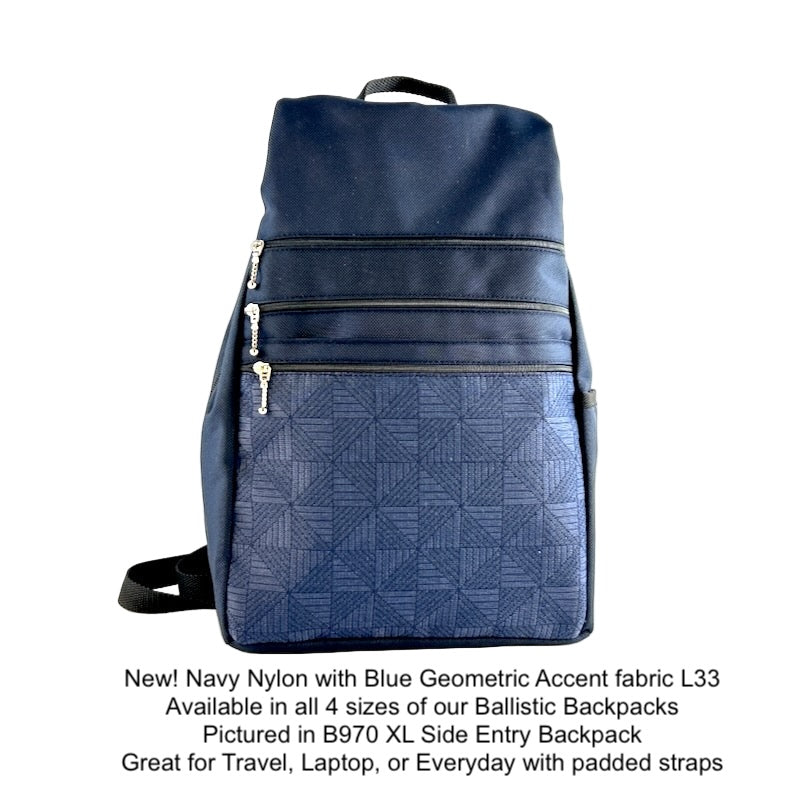 Navy Side Entry Backpack Purses - Water-Resistant Navy Ballistic Nylon-4 Sizes with Fabric Accent Pockets