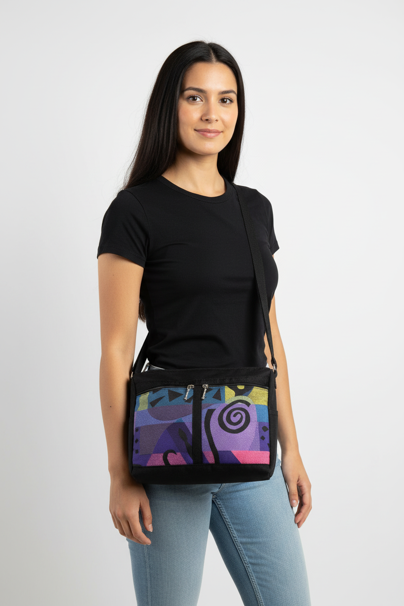 Emma PL messenger bag shown on 5'8" person