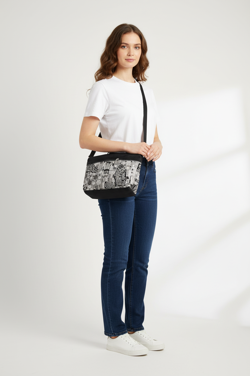 222L crossbody purse shown on 5'8" person