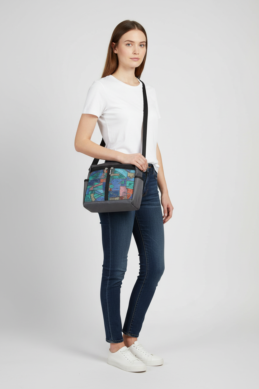 106 gray messenger bag shown on 5'8" person