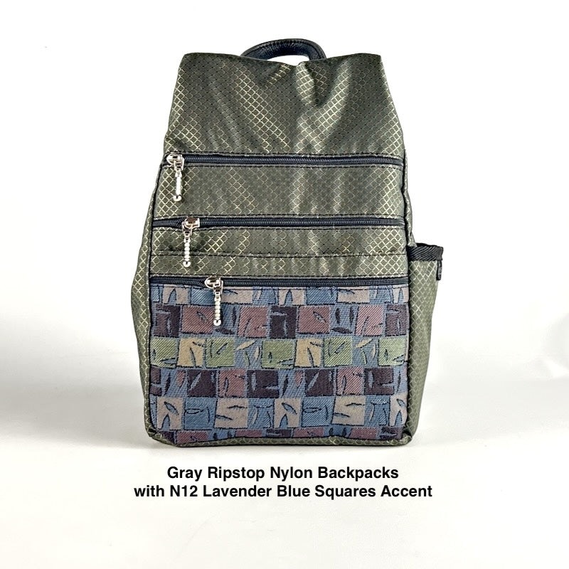 Small GRAY Ripstop Side Entry Backpack Purse - RP 967w deluxe extra zipper pocket + leather straps