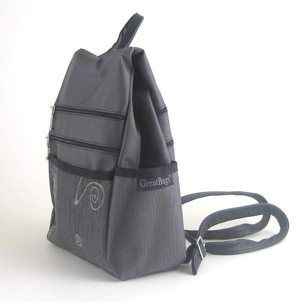 B968-GR Medium Side Entry Backpack in Gray Nylon with Fabric Accent Pocket