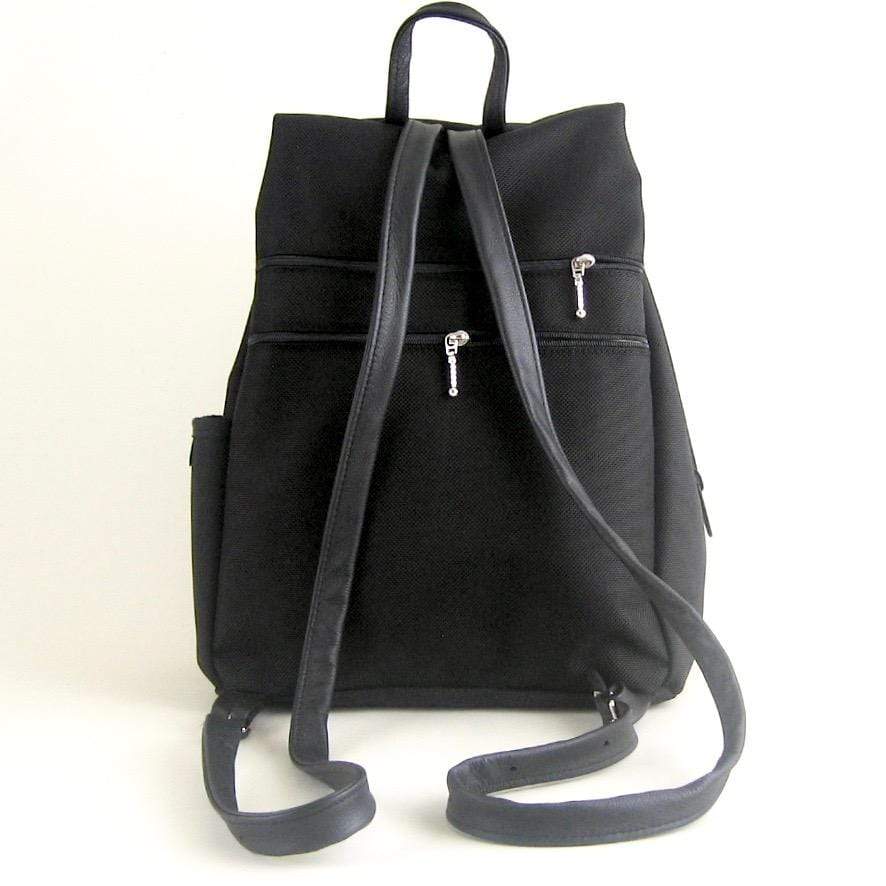 B968-BL Medium Side Entry Backpack in Black Nylon with Fabric Accent Pocket