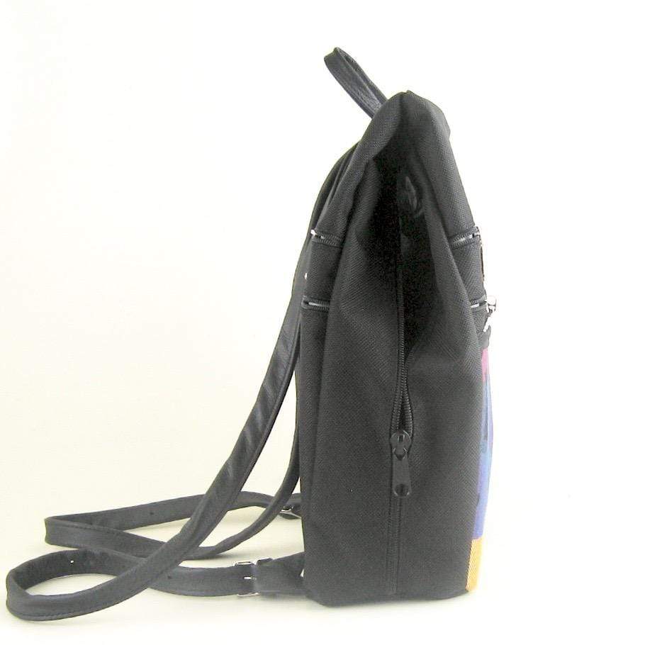 B968-BL Medium Side Entry Backpack in Black Nylon with Fabric Accent Pocket