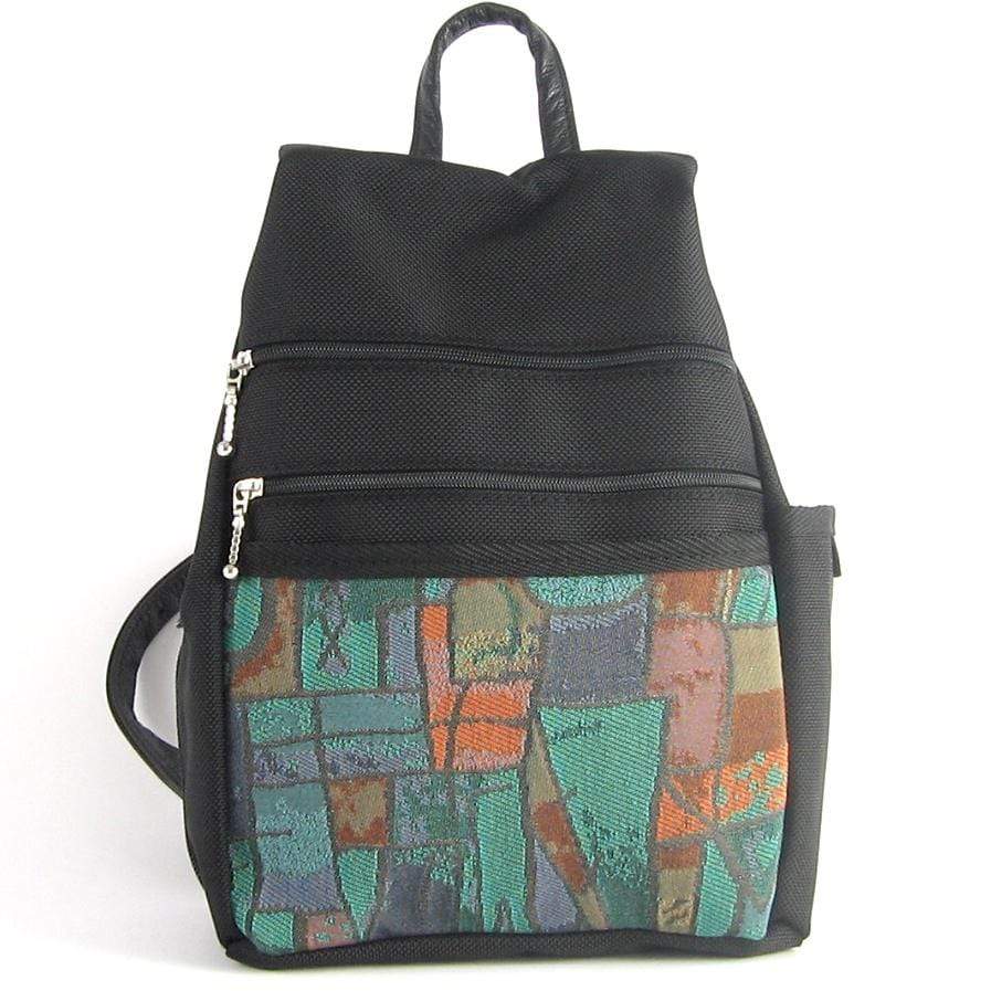 B968-BL Medium Side Entry Backpack in Black Nylon with Fabric Accent Pocket