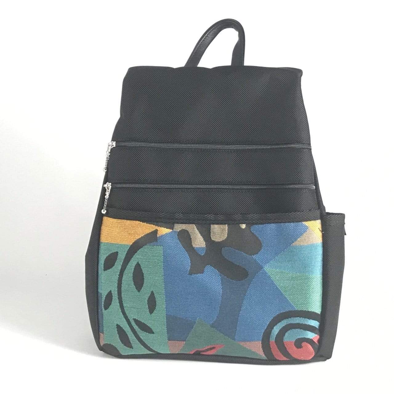 B968-BL Medium Side Entry Backpack in Black Nylon with Fabric Accent Pocket