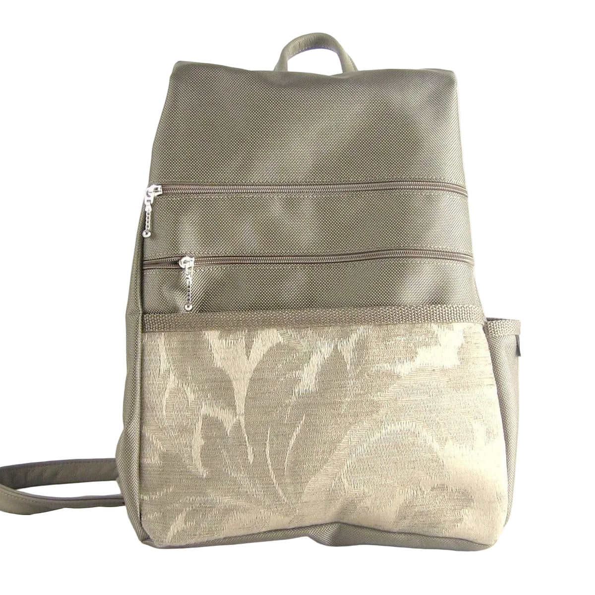 B968-KH Medium Side Entry Backpack in Khaki Beige Nylon with Fabric Accent Pocket