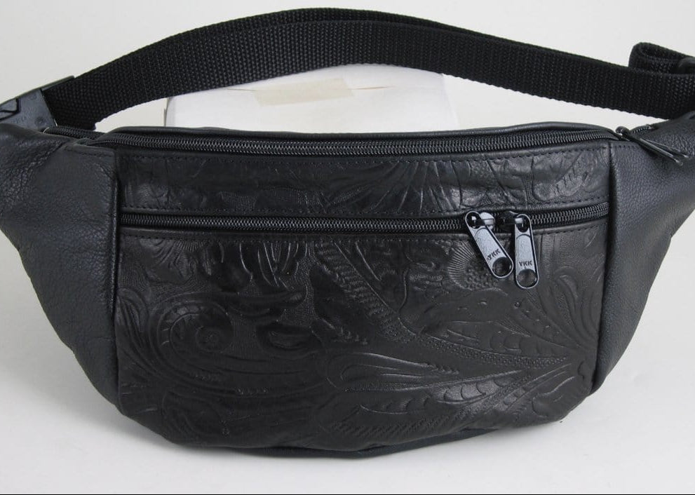 black leather fanny pack with floral tooled accent pocket , made in usa