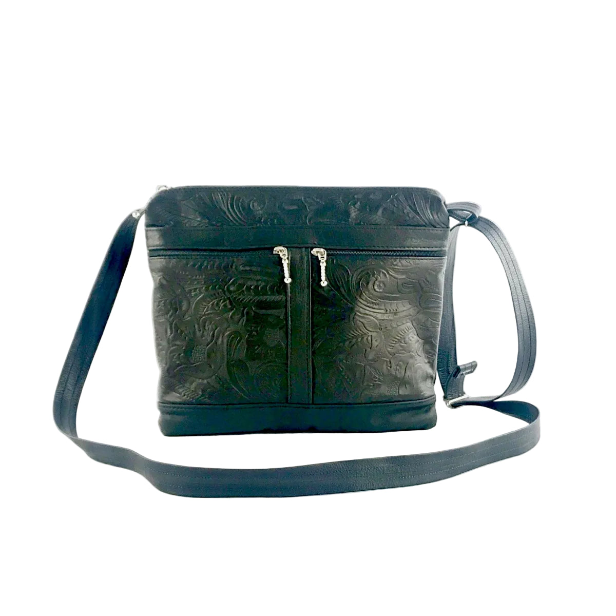 lightweight black floral tooled leather crossbody bag