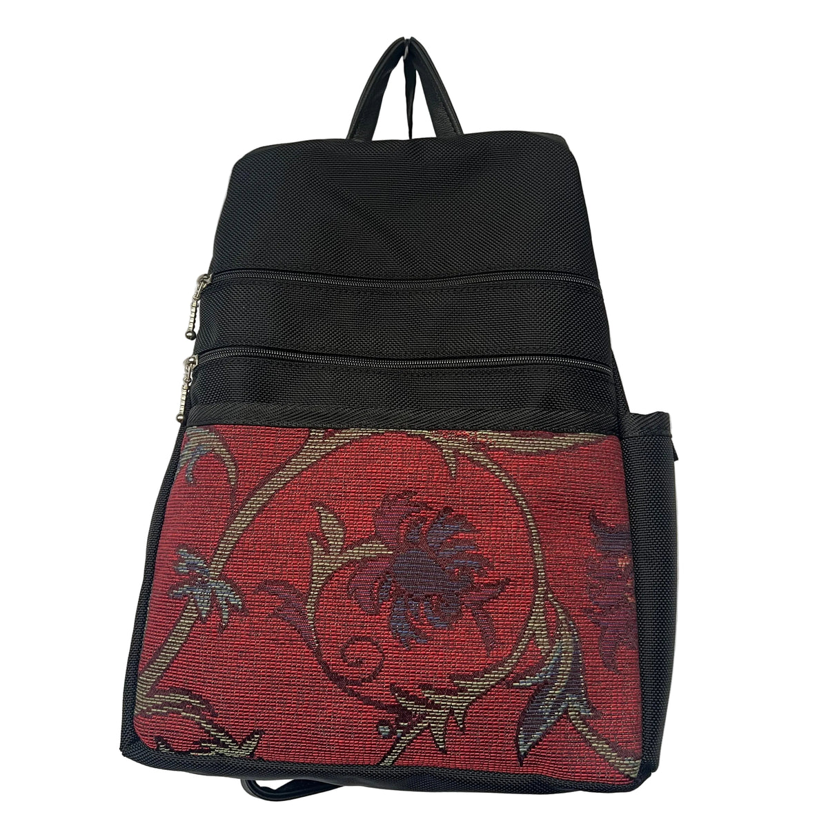 B968-BL Medium Side Entry Backpack in Black Nylon with Fabric Accent Pocket