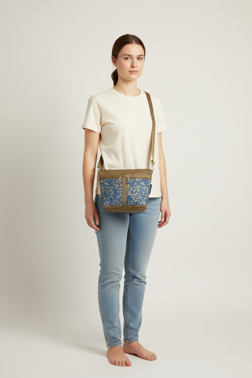 221L khaki crossbody purse shown on 5'2" person