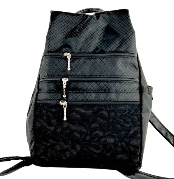 RP 967W Black Small Ripstop Side Entry Backpack Purse - deluxe extra zipper pocket + leather straps