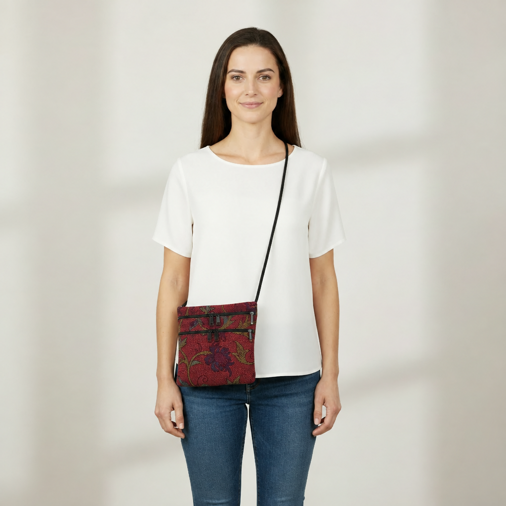 T93 model photo with L1 red floral chenille fabric